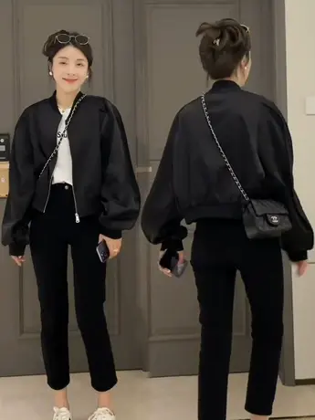 2023新款小个子短款拉链纯色棒球服女2023春季新款宽松休闲百搭时商品大图