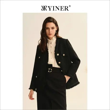 *【小香风】YINER音儿奥莱女装2022秋新款短款赫本粗花呢外套图片