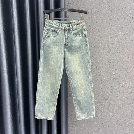 欧货个性贴布牛仔直筒裤女24春季新款高腰显瘦洗水做旧九分烟管裤图片