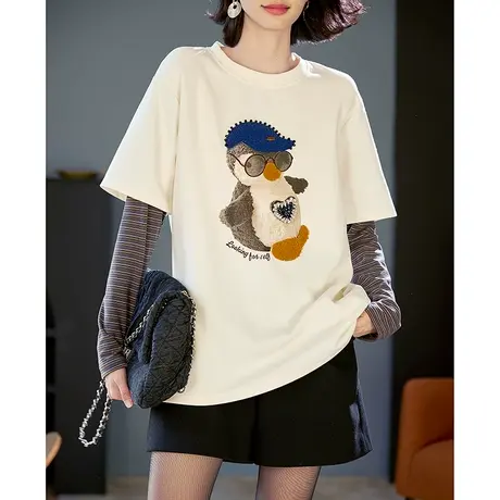 宝诗黎拼接长袖假两件钉珠印花T恤2024春季新款棉质时尚圆领上衣商品大图