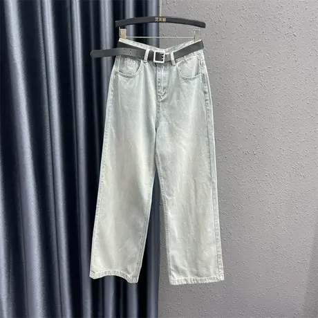 欧货韩版拖地直筒裤女2024春季新款浅蓝色设计感时尚百搭牛仔长裤图片