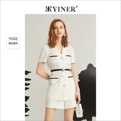 YINER音儿女装夏季白色收腰短袖中长款西装外套商品大图