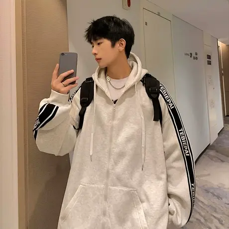 条纹港风卫衣外套男秋冬季小众连帽oversize高街潮牌ins加绒开衫商品大图