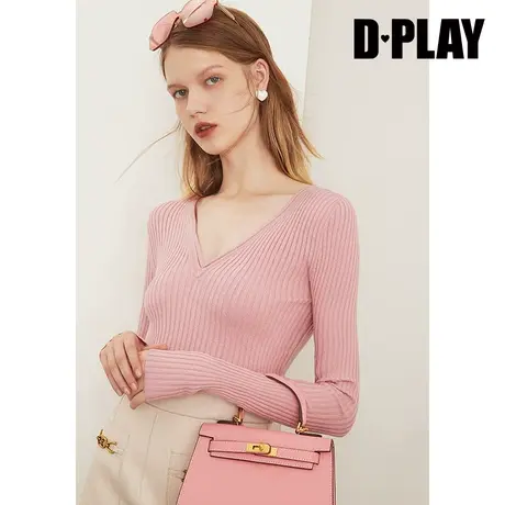 DPLAY【惠品】2022年秋新款甜美粉色打底上衣深V领修身针织小衫图片