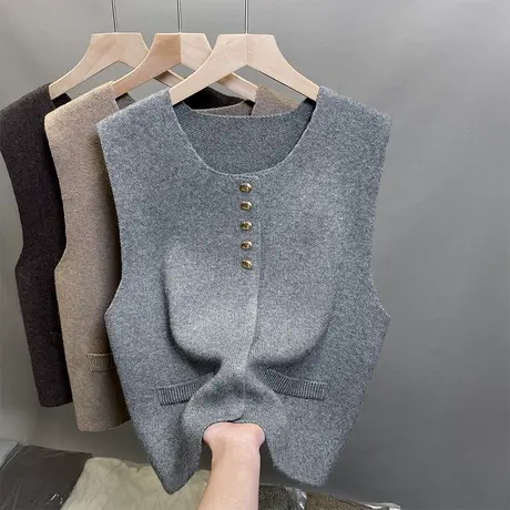 马甲圆领纯色针织背心女2024新款坎肩上衣百搭叠穿无袖针织开衫女图片