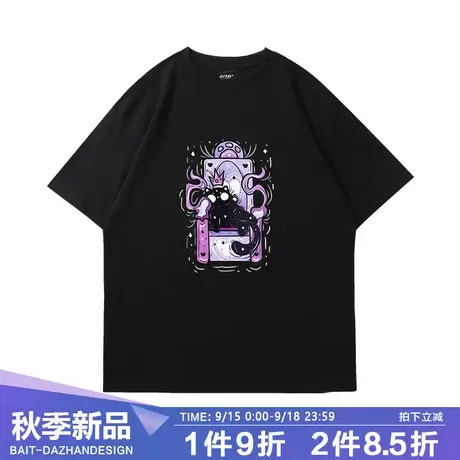 美式手绘卡通复古猫咪短袖T恤男夏季2023新款宽松情侣百搭上衣商品大图