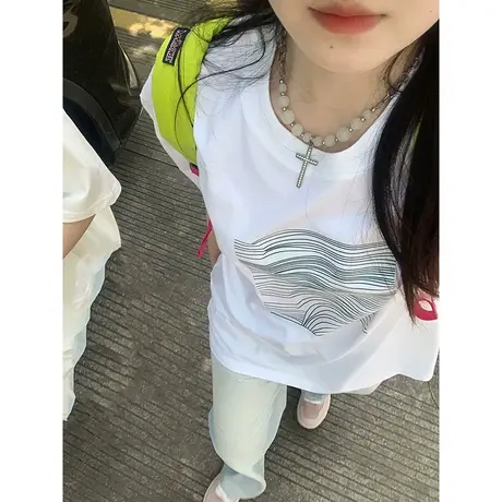 白色纯棉短袖t恤女设计感ins夏季潮牌小个子美式复古宽松半袖上衣图片