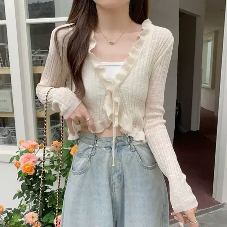 甜美风花边绑带设计感防晒针织衫女2023夏季薄款长袖开衫短款上衣商品大图