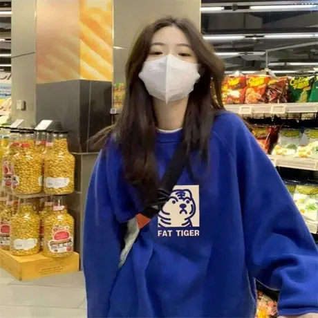 克莱因蓝色圆领卫衣女春秋薄款宽松慵懒风美式潮牌早秋季上衣无帽商品大图