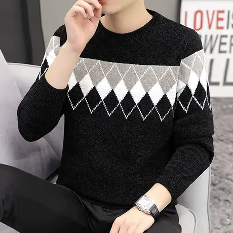 格子青少年学生雪尼尔毛衣男士潮流休闲秋冬加绒加厚打底针织衫帅商品大图