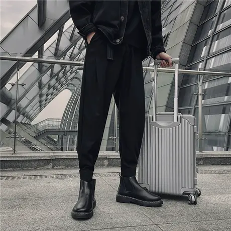 休闲秋冬季束脚搭配马丁靴子风衣的裤子男士魔术贴西裤穿搭高帮鞋商品大图