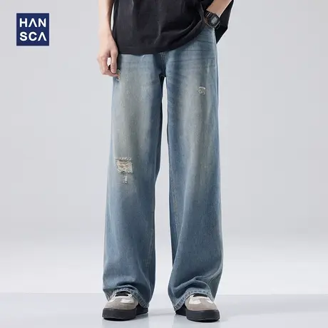 hansca破洞男士牛仔裤直筒春季新款宽松阔腿潮牌美式设计感长裤子商品大图
