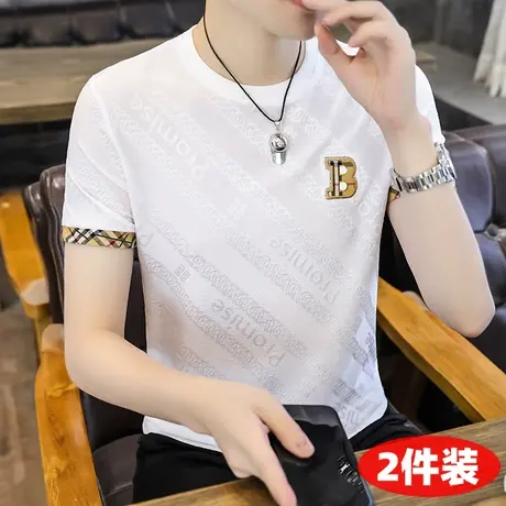 2024夏季男士冰丝短袖T恤提花潮流欧美风男装上衣服速干半袖体恤图片