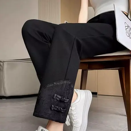 新中式国风盘扣烟管裤女春夏高腰小个子九分民族风黑色窄版直筒裤商品大图