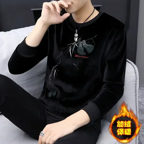 水貂绒针织羊毛衫男士加绒V领t恤秋冬季加厚保暖半高领毛衣打底衫商品大图