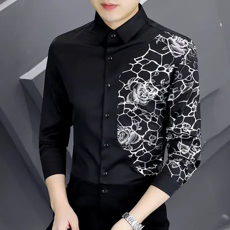 潮牌高级感拼接烫金花衬衫男长袖春秋季夜店韩版个性修身精神衬衣商品大图