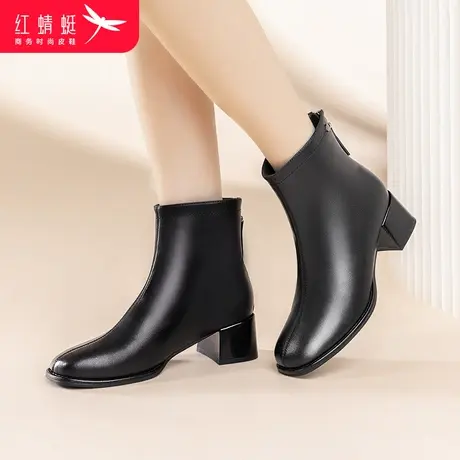 红蜻蜓瘦瘦靴女2023冬季加绒保暖短靴时尚优雅女士百搭高跟时装靴商品大图