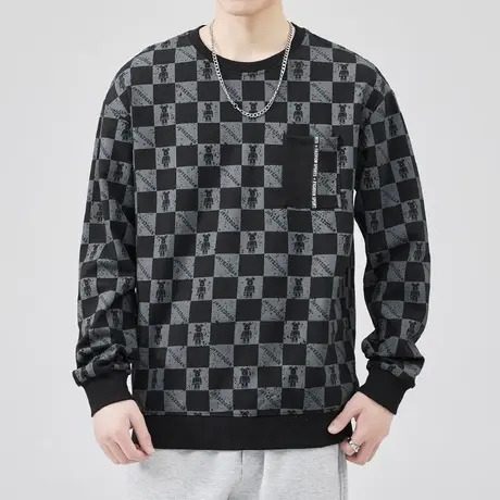 秋季潮牌男生格子打底衫春秋款宽松痞帅圆领上衣秋天男装长袖卫衣商品大图