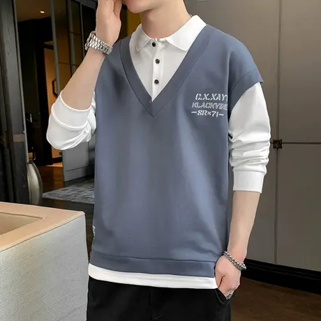 假两件长袖t恤男士春秋季新款潮流衬衫领上衣服潮牌中学生打底衫商品大图