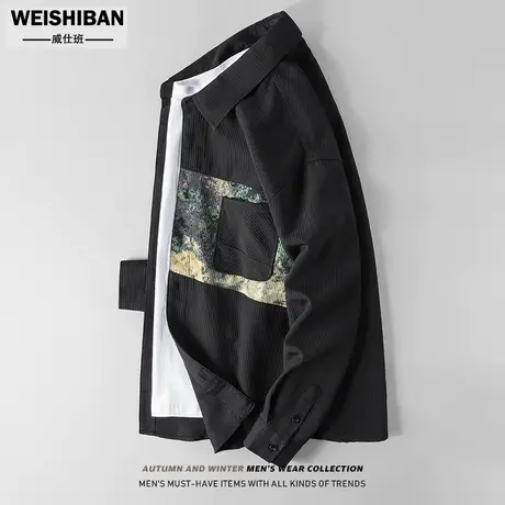 小众设计感拼接长袖衬衫男春秋季2023年新款日系休闲宽松衬衣外套商品大图