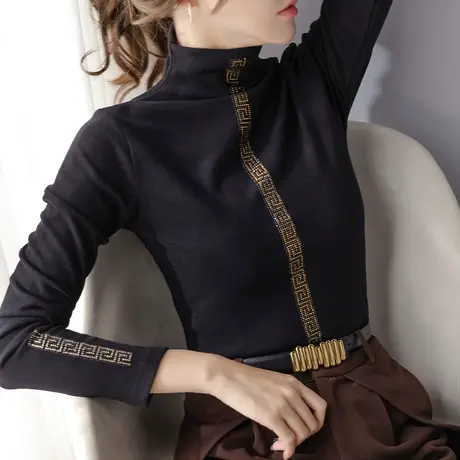 双面德绒打底衫女秋冬2023新款半高领内搭加绒磨毛洋气发热上衣潮商品大图