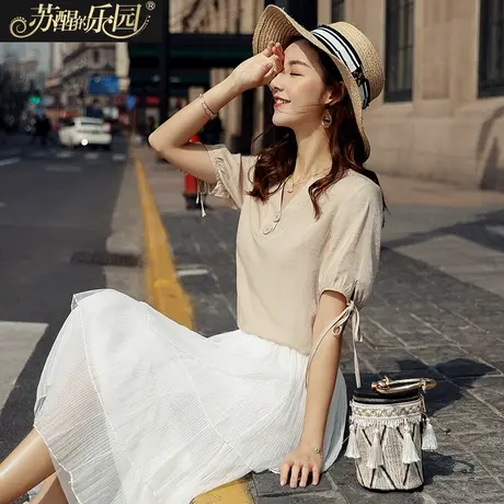 短袖雪纺衫女2019新款夏季韩版时尚气质淑女简约V领复古文艺小衫商品大图