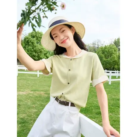 时尚气质翻领短袖针织衫2023年夏季新款女士简约宽松显瘦通勤上衣商品大图