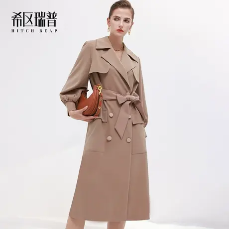 希区瑞普法式英伦西装领双排扣系带收腰灯笼袖风衣外套女2023新款图片