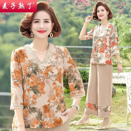 妈妈夏装套装短袖两件套2022新款雪纺衫上衣阔太太洋气中老年女装商品大图