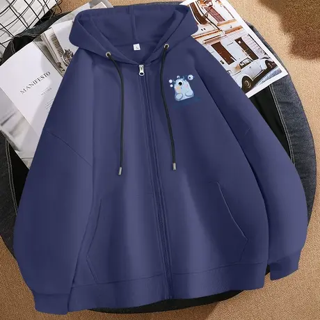 春秋款连帽开衫卫衣女2023年新款秋季藏青色女装上衣宽松薄款外套商品大图