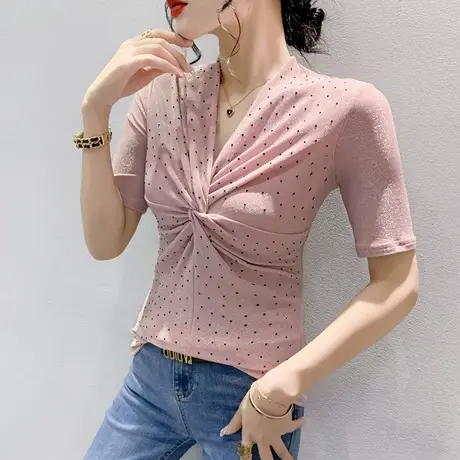 时尚扭结V领上衣女2023夏季新款性感气质T恤纯色百搭修身小衫半袖商品大图