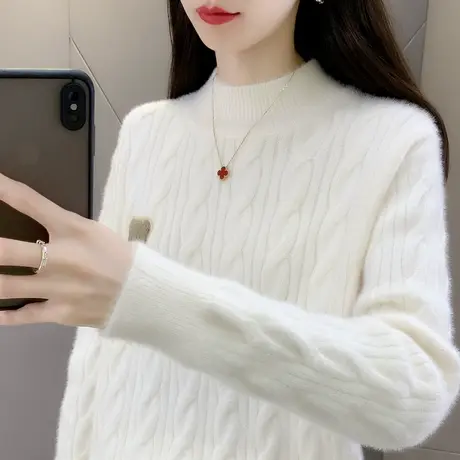 小熊麻花半高领毛衣女宽松2022秋冬新款时尚百搭针织打底衫上衣女商品大图