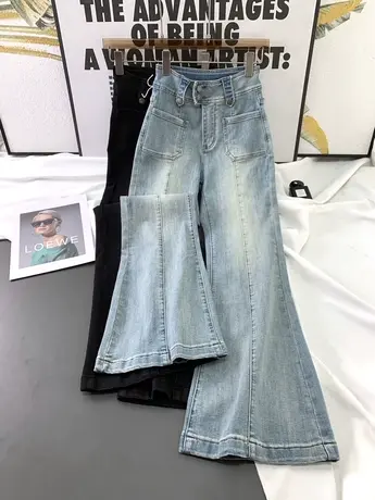 韩版两粒扣磨白牛仔喇叭裤女2023秋季新款ins时尚显瘦微喇叭长裤图片