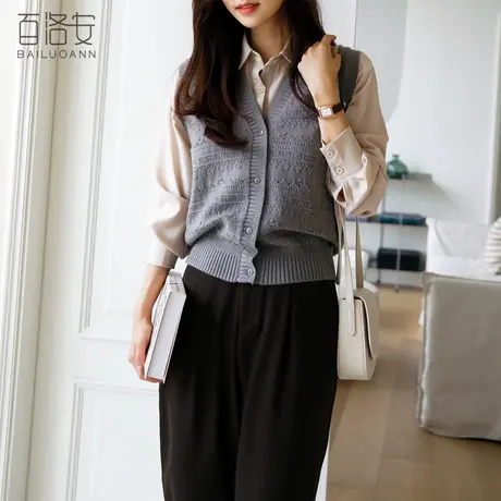 百洛安无袖毛衣开衫外套女秋新款时尚V领上衣针织马甲外穿背心图片