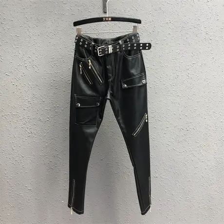 欧货个性帅气机车风黑色长裤女秋新款设计感紧身裤显瘦铅笔裤皮裤商品大图