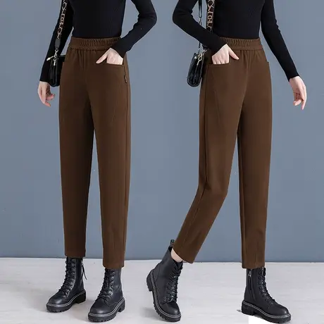 毛呢哈伦裤女秋季2023新款松紧高腰垂感小脚裤九分韩版显瘦萝卜裤图片
