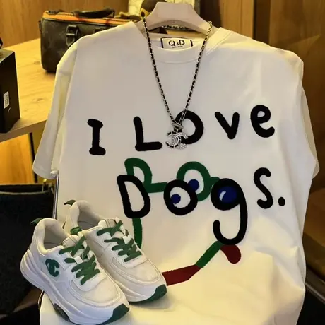 美式复古纯棉正肩短袖t恤女夏季宽松潮牌ins设计感小众半袖上衣服商品大图