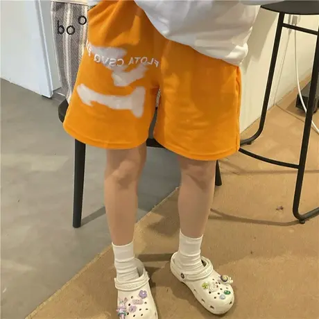 红续印花休闲短裤女夏季宽松运动街头潮流小众高腰抽绳直筒卫裤图片