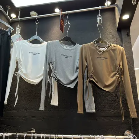 韩国2022早秋新款短款紧身测边抽绳弹力长袖字母T恤上衣女百搭商品大图