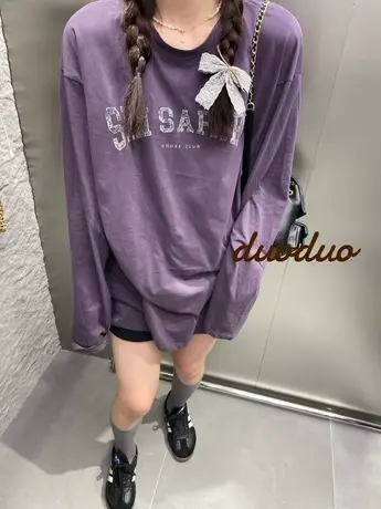 秋装新款韩版宽松圆领字母图案薄款长袖T恤女百搭打底衫上衣ins潮商品大图