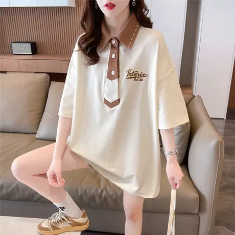 小众设计感小个子短袖t恤女夏装韩版宽松大码中长款翻领撞色上衣图片