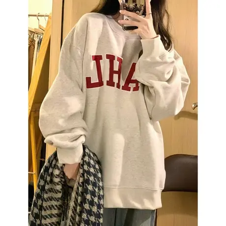 灰色圆领卫衣女小个子秋冬oversize美式复古宽松港味chic上衣外套图片