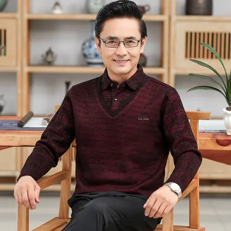 爸爸毛衣冬季加绒加厚打底衫中老年男士红色假两件上装内搭保暖款商品大图