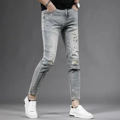 高街破洞九分牛仔裤男2023夏季新款潮牌修身小脚潮流个性薄款裤子商品大图