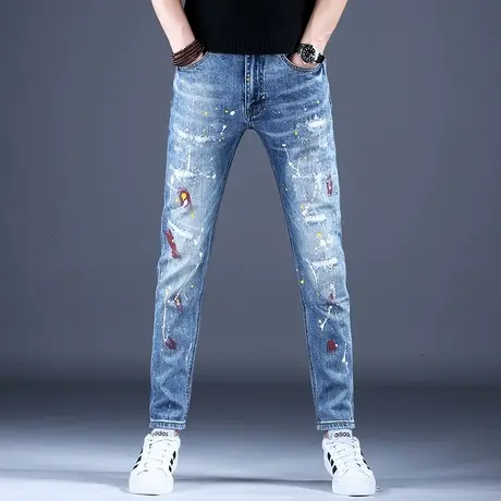 破洞补丁牛仔裤男款修身小脚裤子秋款男裤2023浅色夏天休闲裤子男商品大图