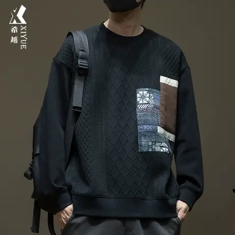 希越重磅针织格纹卫衣男2023秋季宽松大码ins圆领拼接印花上衣潮商品大图
