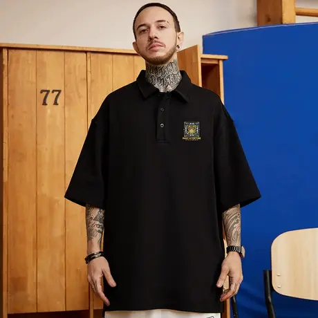 2023新款polo衫t恤胖子男ins短袖潮牌宽松nasa夏季大码五分半截袖图片