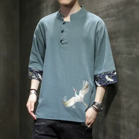 2023男半袖T恤中国风仙鹤刺绣薄立领宽松盘扣复古T恤古风短袖男装商品大图