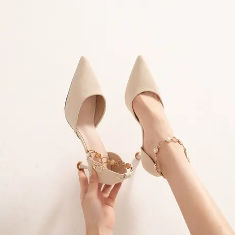 一字带法式少女高跟鞋女细跟2023年夏季新款尖头中空百搭凉鞋商品大图