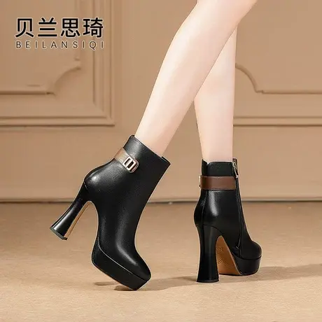 真皮圆头厚底粗跟短靴女2023秋冬季新款防水台超高跟时装骑士靴商品大图